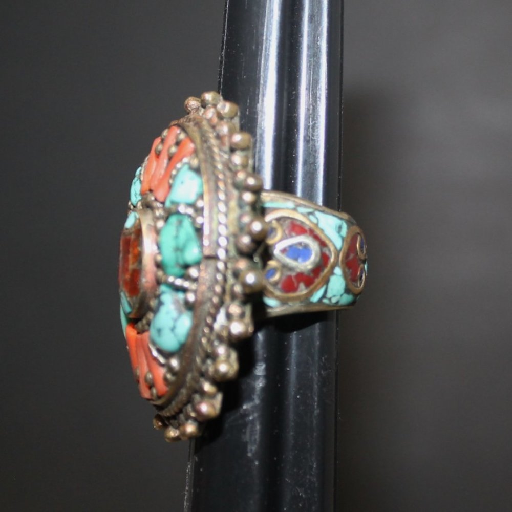 Heavy 925 Zuni Navajo Spiny Oyster Coral Turquoise Cinnabar Native American Ring - Picture 10 of 12